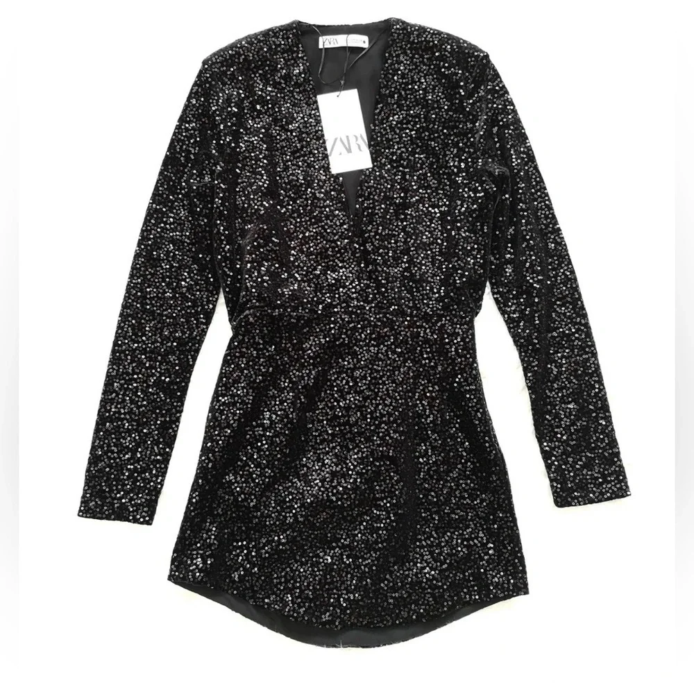 Zara Black Sequin V-Neck Mini Dress - Picture 8 of 8